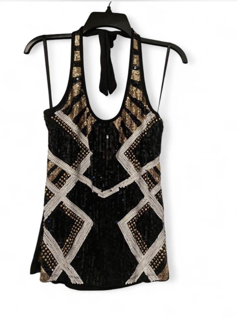2B Bebe Black and Gold Sequin Halter Camisole
